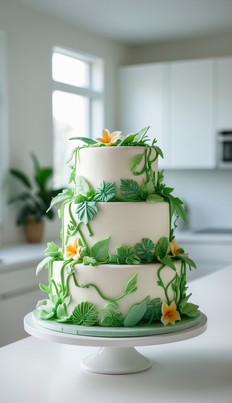 Two-tier cake decorated with green piped leaves and edible flowers on a white cake stand in a bright kitchen.