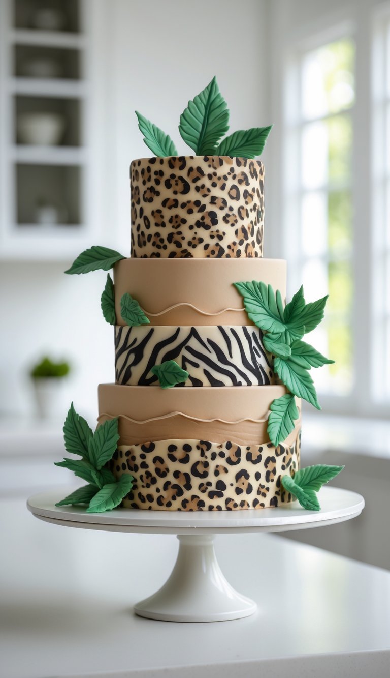 Two-tier cake with animal print decorations on a white cake stand in a bright home kitchen.