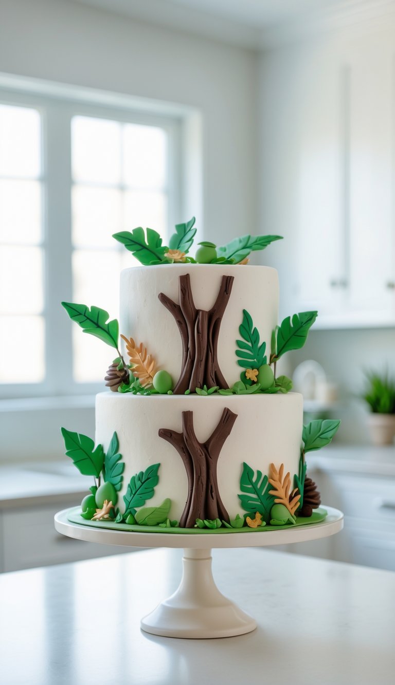 Two-tier jungle-themed cake with chocolate tree trunk decorations on a cake stand in a bright home kitchen.
