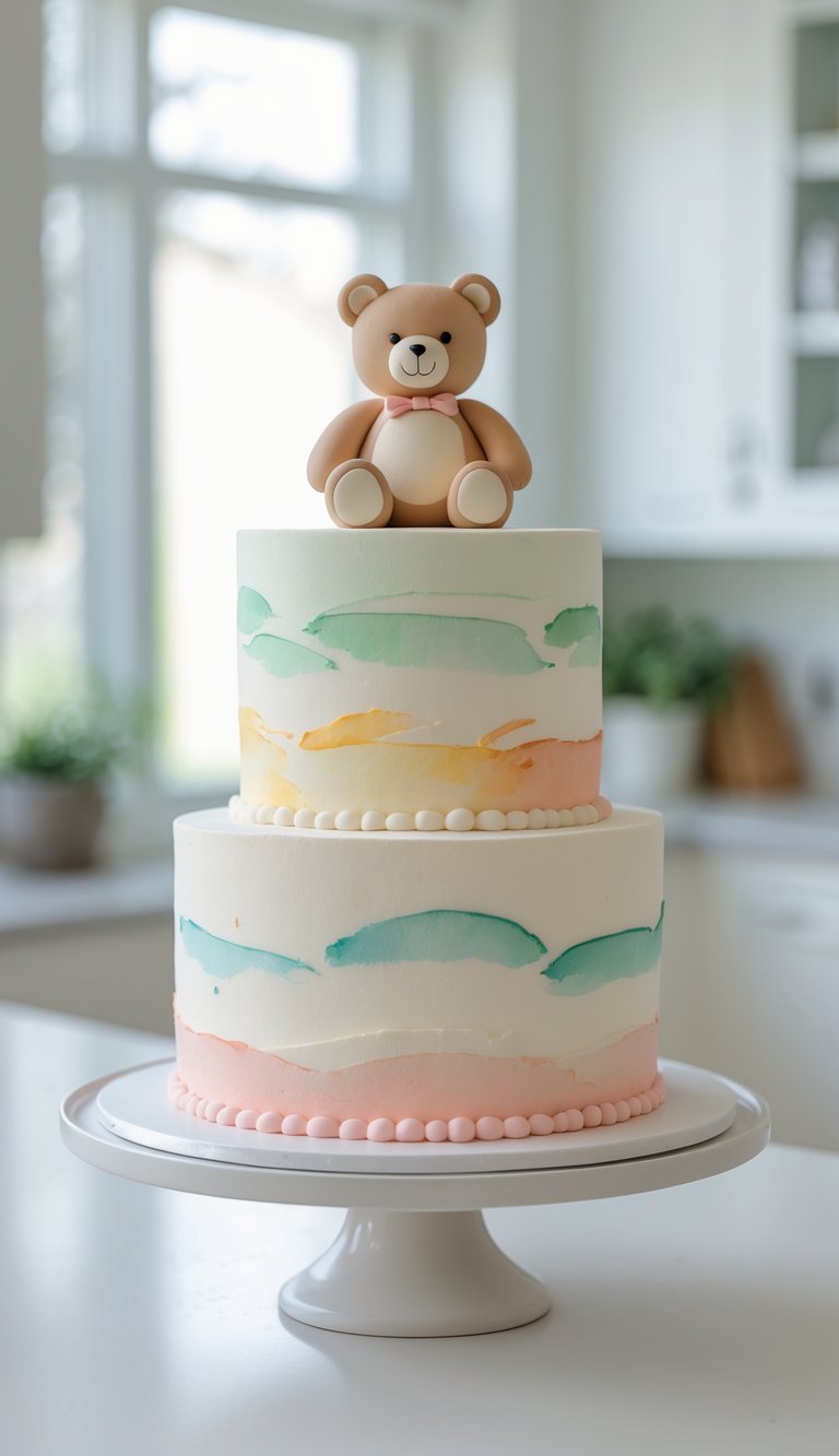 Two-tier teddy bear cake on a cake stand in a bright kitchen, showing the cake's shape and design.