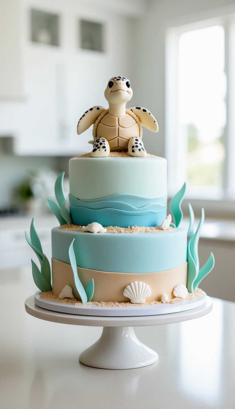 Two-tier baby sea turtle cake with fondant decorations on a white cake stand in a bright home kitchen.