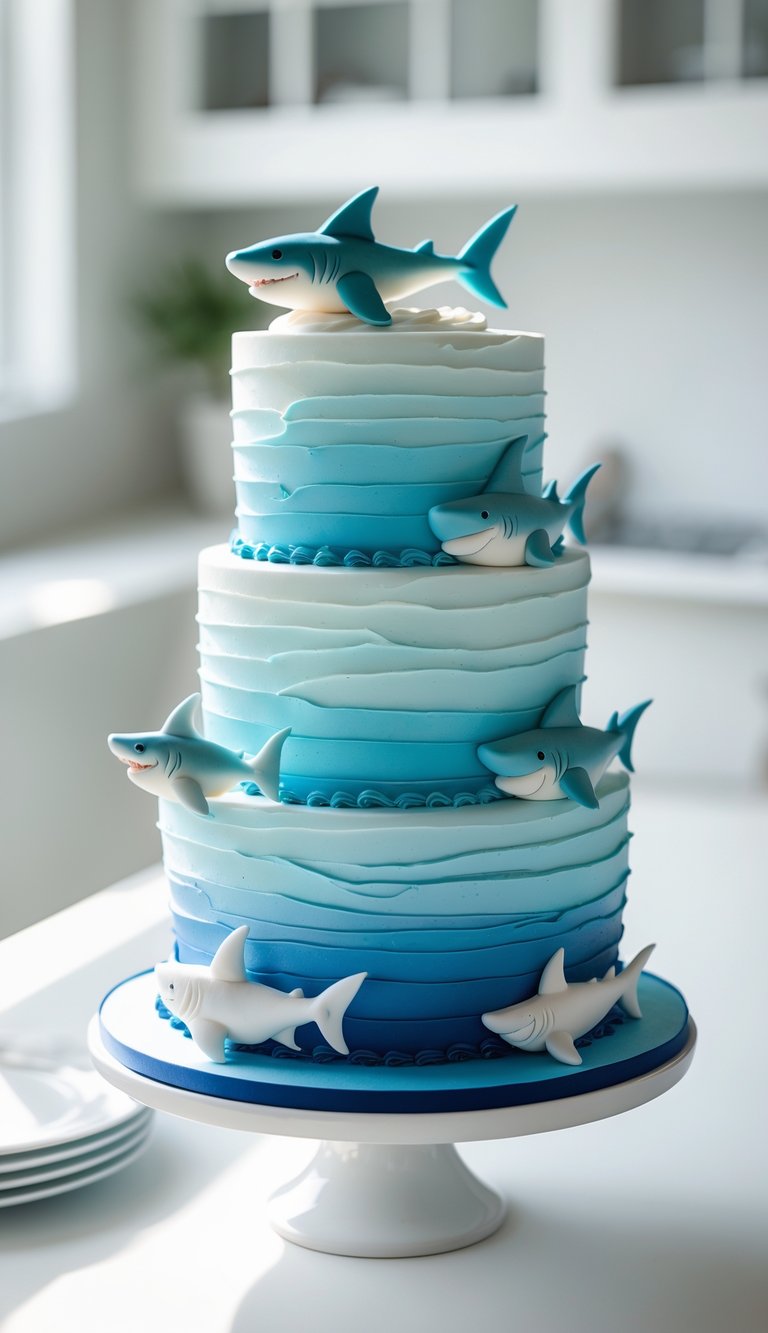 A three-tier blue ombre cake with shark-themed decorations on a white cake stand in a bright home kitchen.