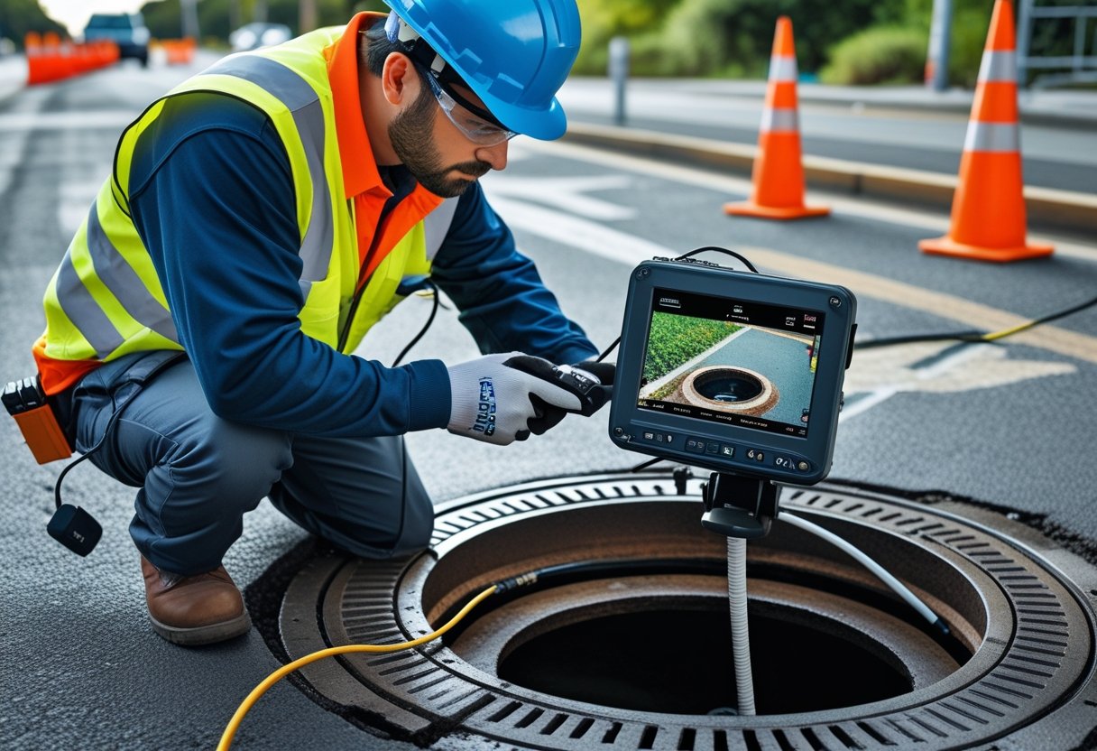 A Comprehensive Guide to Sewer Line Inspection Procedures: Methods, Tools, and Best Practices 1 A technician in safety gear operating sewer inspection equipment next to an open manhole on a city street.
