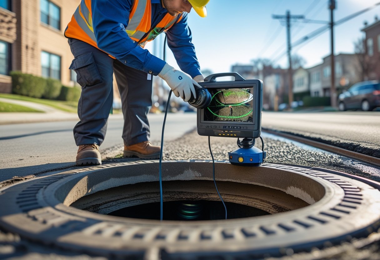 A Comprehensive Guide to Sewer Line Inspection Procedures: Methods, Tools, and Best Practices 2 Technician inspecting a sewer line using a camera near an open manhole on a city street.