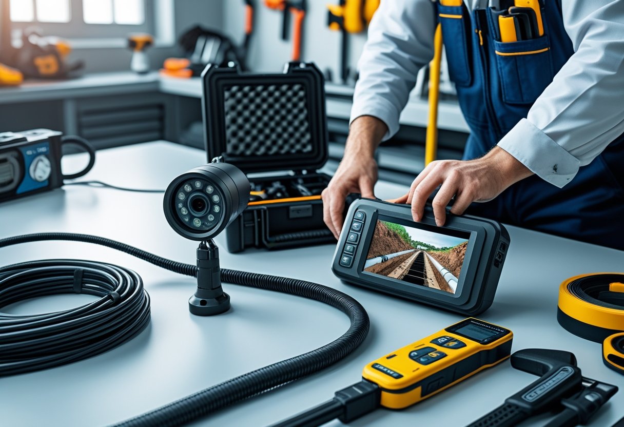 Technician's hands handling sewer line inspection tools including a digital camera and monitor on a workbench in a workshop.