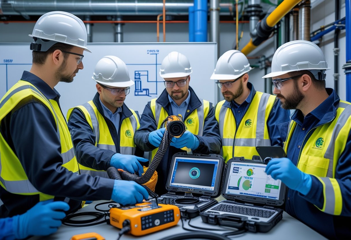 Engineers and technicians examining and comparing sewer line inspection tools and equipment around a table in an industrial setting.