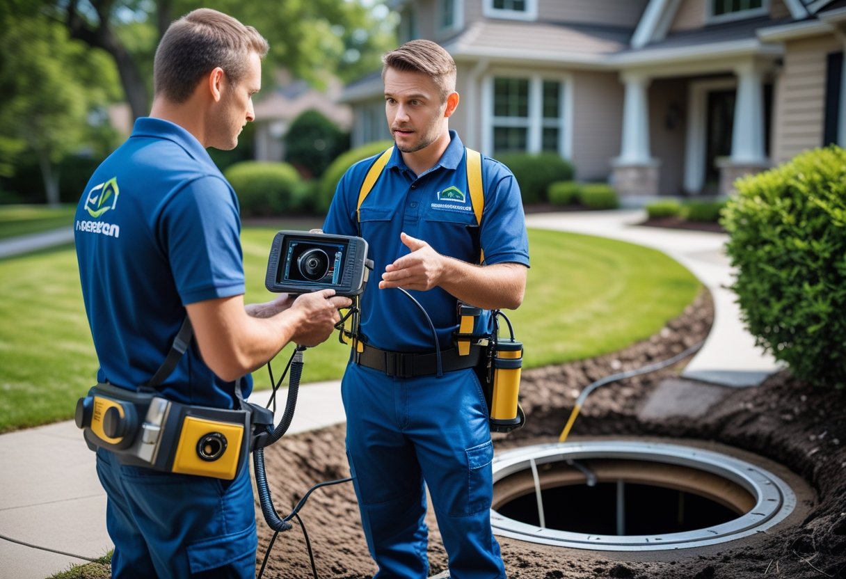 Common Misconceptions About Sewer Line Inspections: What Homeowners Need to Know 1 A homeowner and a sewer inspection technician discussing near a residential sewer access point outdoors.