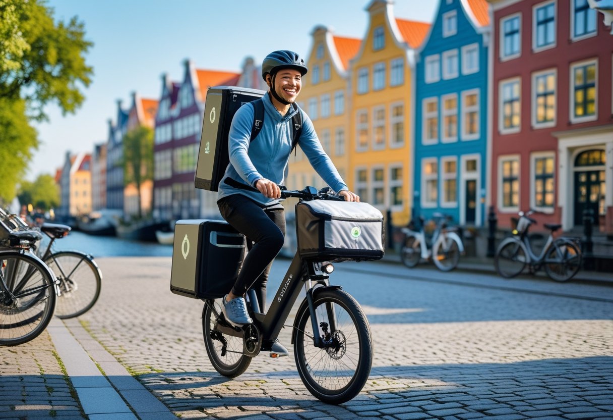A delivery person riding an electric bike with a food delivery bag on a cobblestone street in Copenhagen, with colorful buildings and a canal in the background.