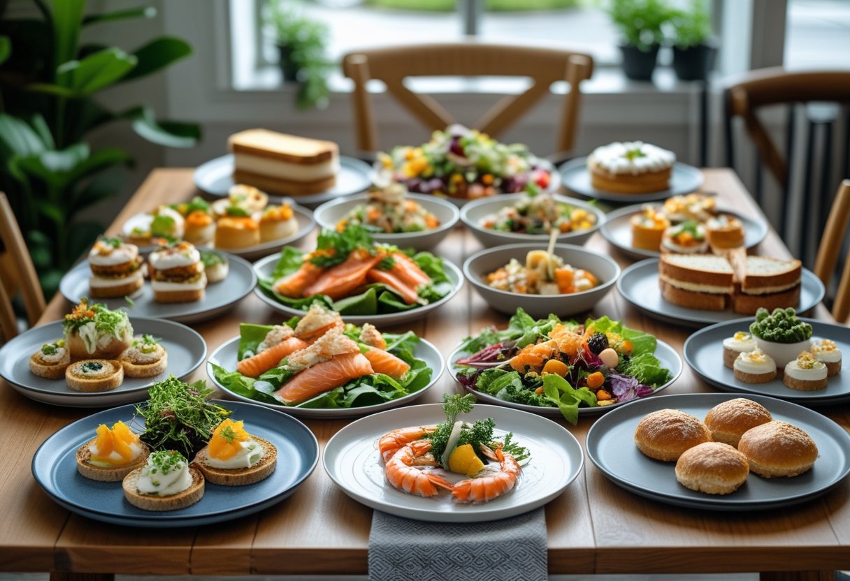 A table filled with a variety of fresh Danish dishes including open-faced sandwiches, seafood, salads, breads, and desserts in a cozy Scandinavian dining setting.