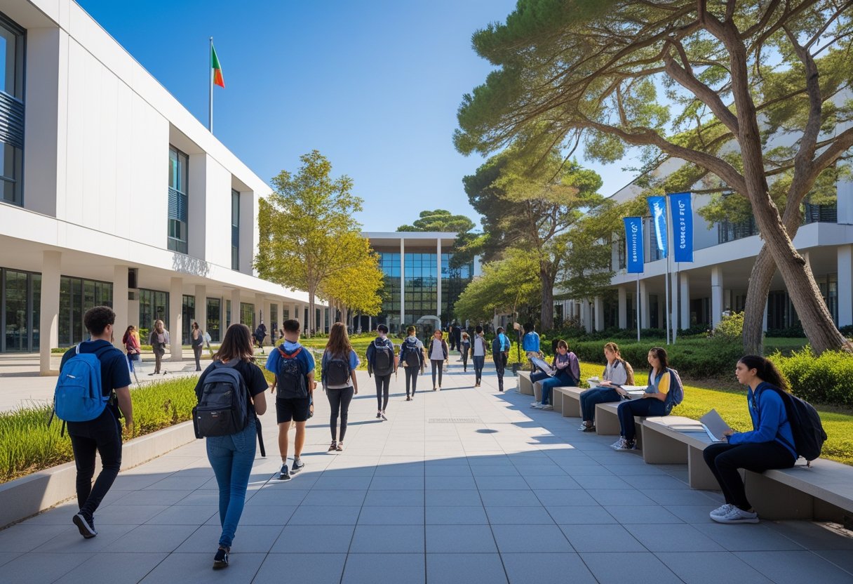 Exterior view of a university campus with modern buildings, students walking and sitting outdoors among trees and greenery on a sunny day.