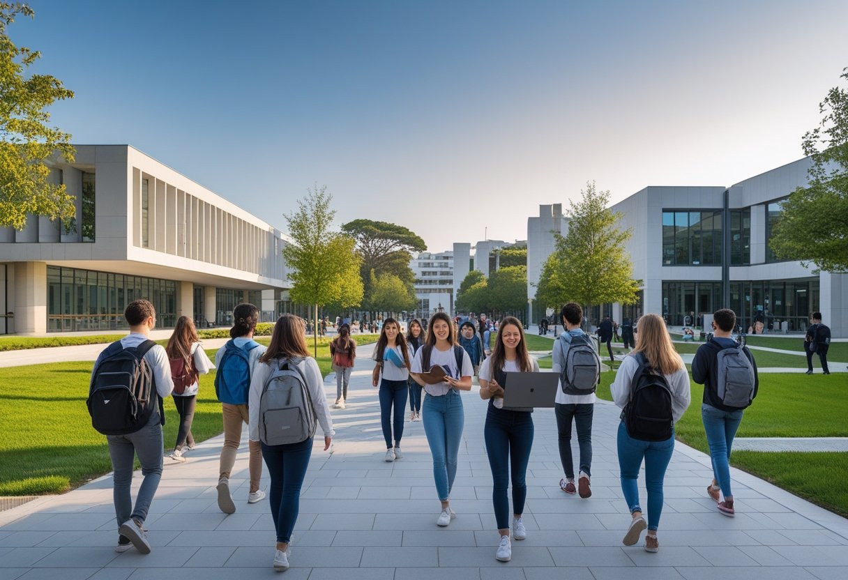 Students walking and studying outside a modern university campus with academic buildings and greenery in the background.