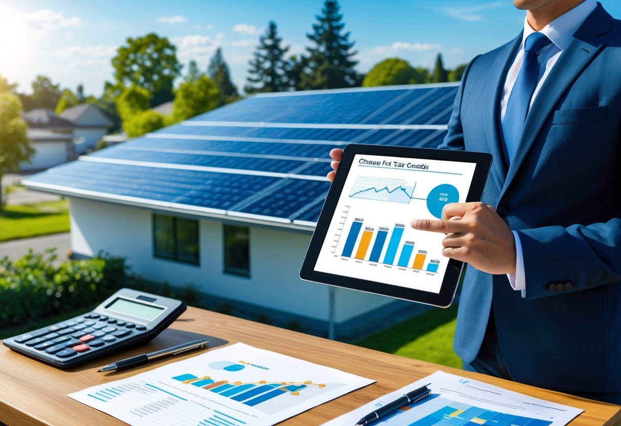 A businessperson reviewing financial data on a tablet near solar panels on a residential rooftop under a clear sky.