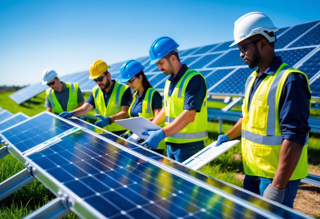 A group of workers installing and inspecting solar panels at a large solar farm under clear skies.