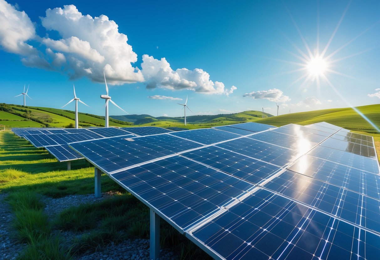 A large solar farm with rows of solar panels under a bright sun, green hills, and wind turbines in the background.