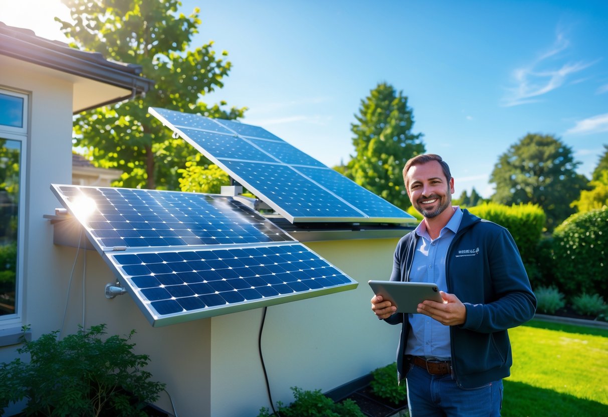 A person inspecting solar panels on the roof of a house in a sunny backyard with trees and a garden.