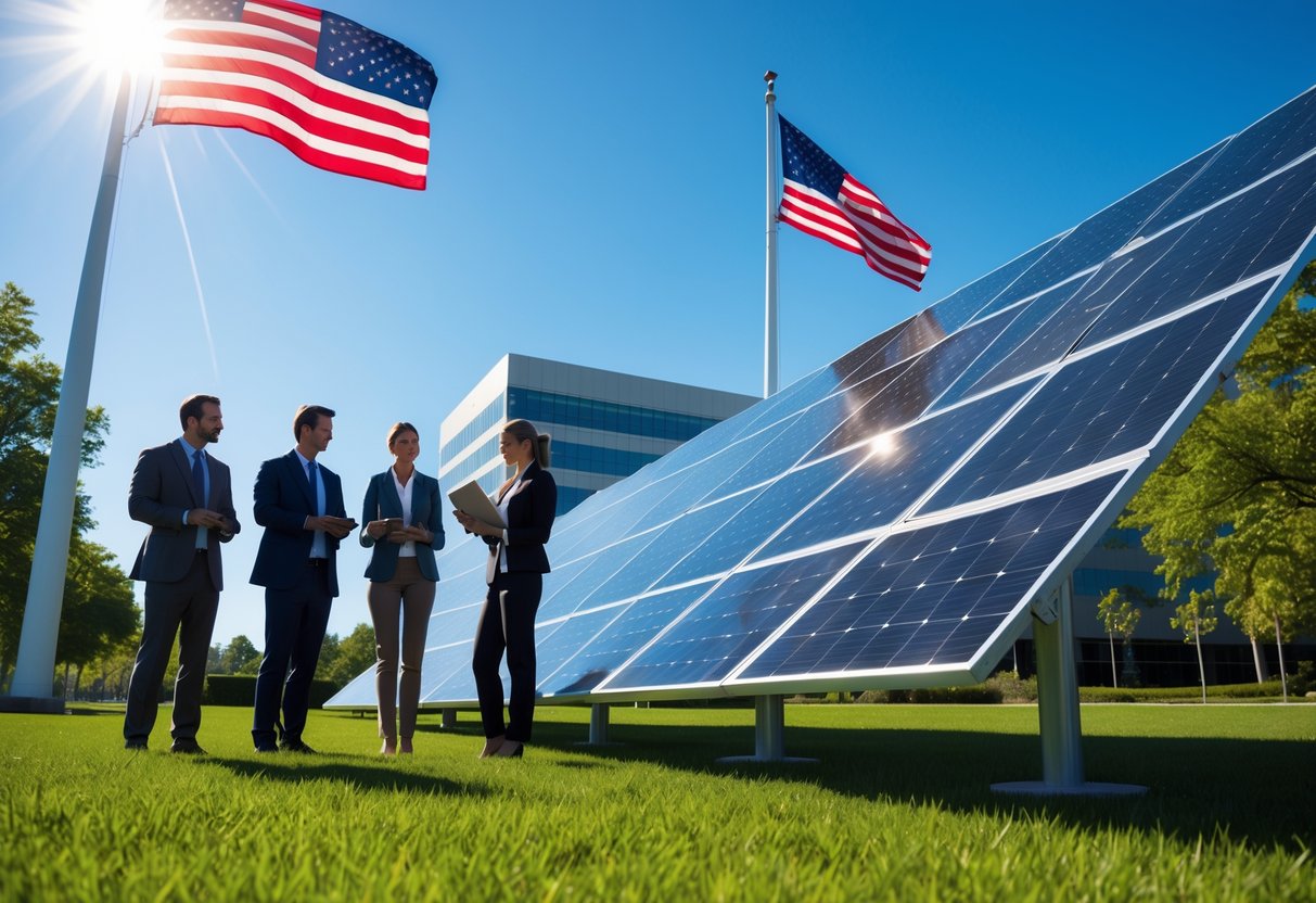 People discussing near solar panels outside a government building with an American flag.