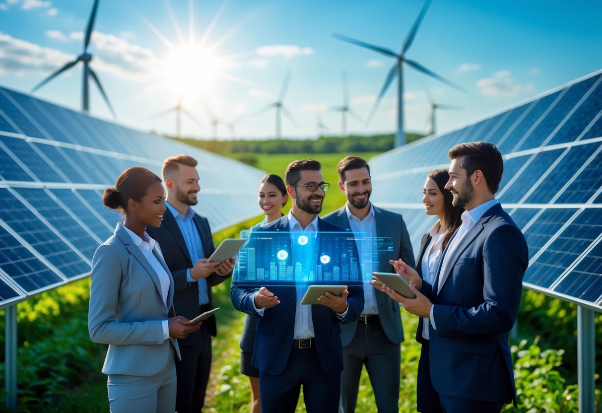 A solar farm with rows of solar panels under a sunny sky, business professionals discussing data with tablets and charts, wind turbines and green fields in the background.