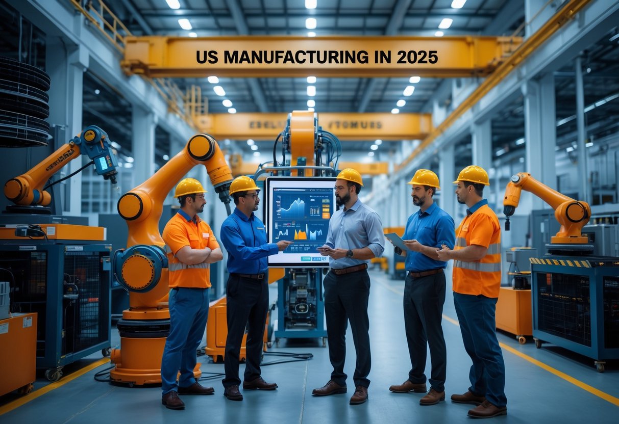 A group of engineers and managers discussing data in a modern manufacturing facility with robots and machinery working in the background.