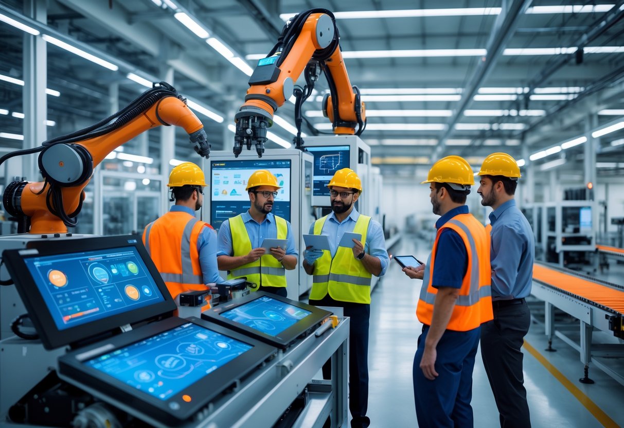 Engineers and factory workers monitoring AI-driven machinery in a modern US manufacturing facility.
