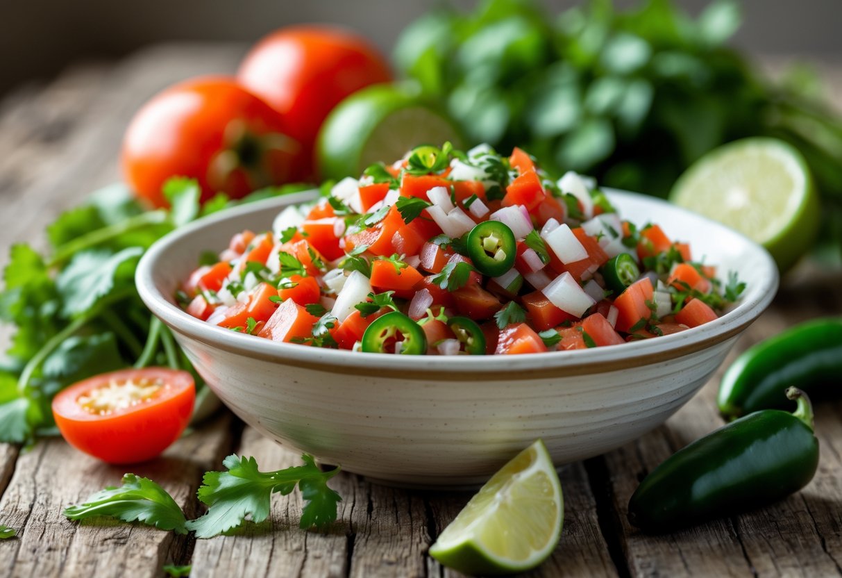 A bowl of fresh Pico de Gallo salsa with chopped tomatoes, onions, cilantro, and jalape&ntilde;os on a wooden table surrounded by fresh ingredients.