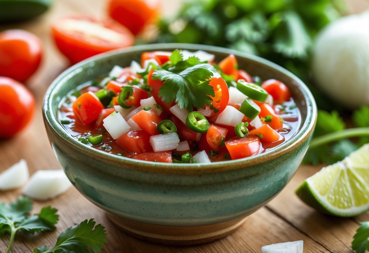 A bowl of fresh pico de gallo salsa with chopped tomatoes, onions, cilantro, and jalape&ntilde;os on a wooden surface surrounded by fresh ingredients.