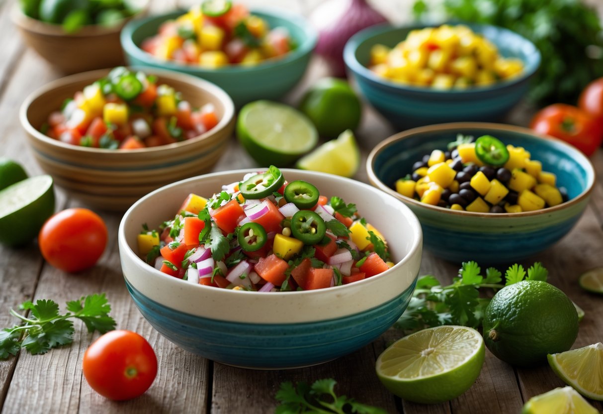 Several bowls of colorful Pico de Gallo with different fresh ingredients arranged on a wooden table surrounded by fresh vegetables and herbs.