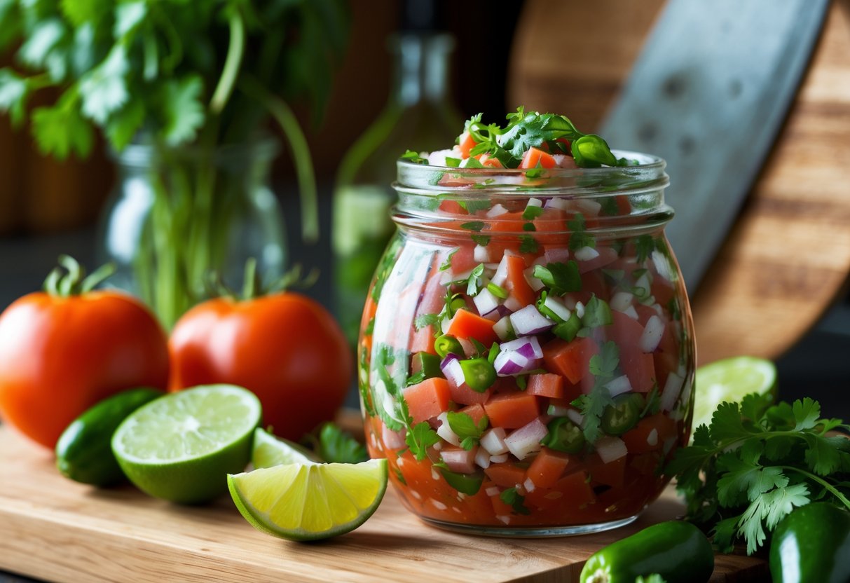 A close-up of a glass jar filled with fresh pico de gallo salsa on a wooden shelf surrounded by fresh tomatoes, lime wedges, onions, and cilantro in a kitchen setting.