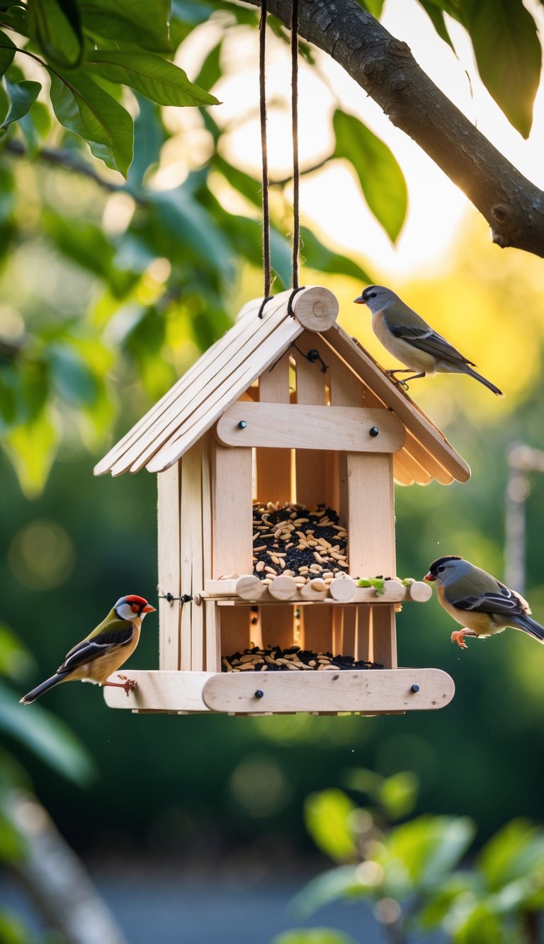 A handmade bird feeder made of wooden popsicle sticks hanging from a tree branch with small birds perched nearby.