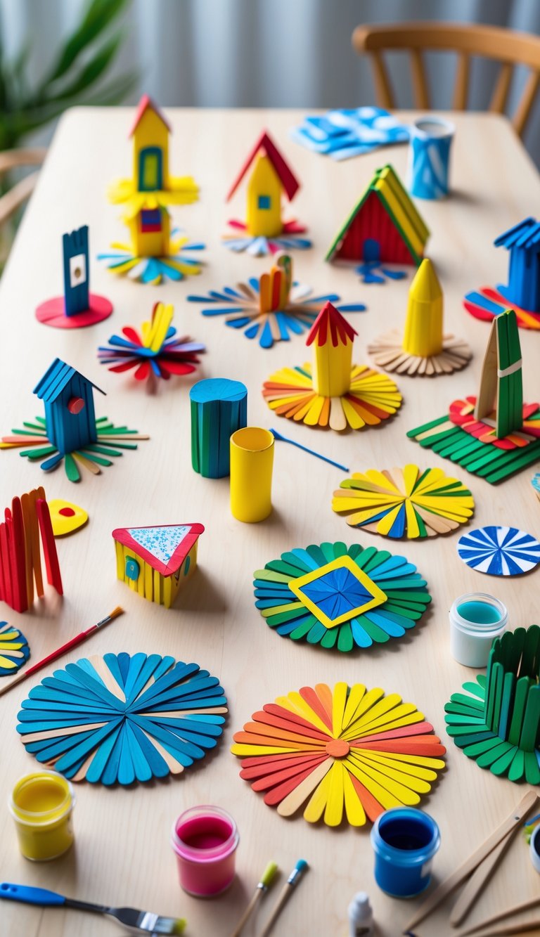 A table with seventeen colorful popsicle stick crafts including small houses, frames, and shapes, surrounded by craft supplies like paint and brushes.
