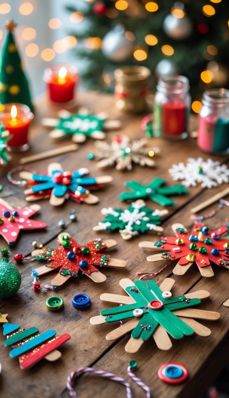 A variety of colorful Christmas ornaments made from popsicle sticks arranged on a table with crafting supplies around them.
