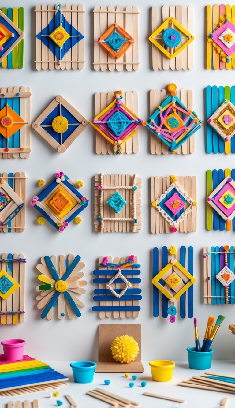 A collection of 17 colorful and creative popsicle stick wall art pieces arranged on a white surface with craft supplies nearby.