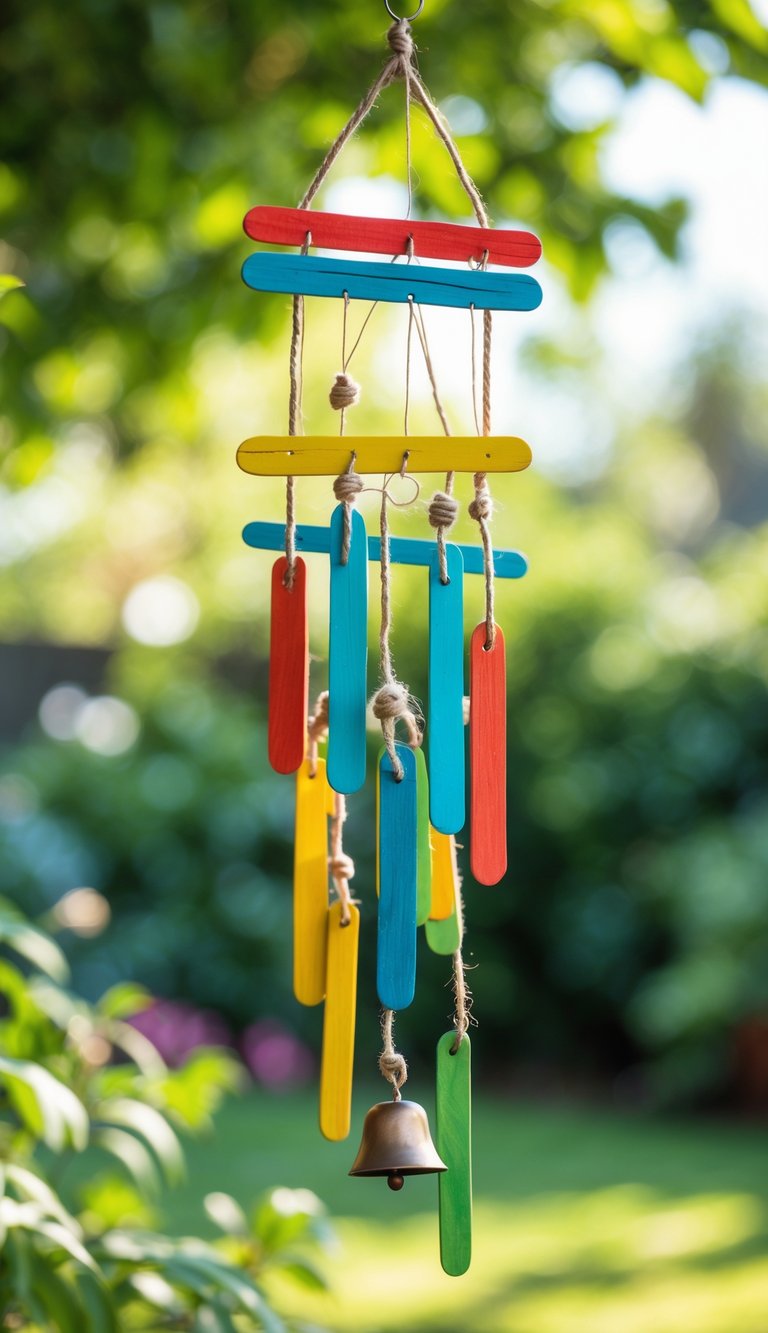 A colorful popsicle stick wind chime hanging outdoors in a sunny garden with green plants in the background.