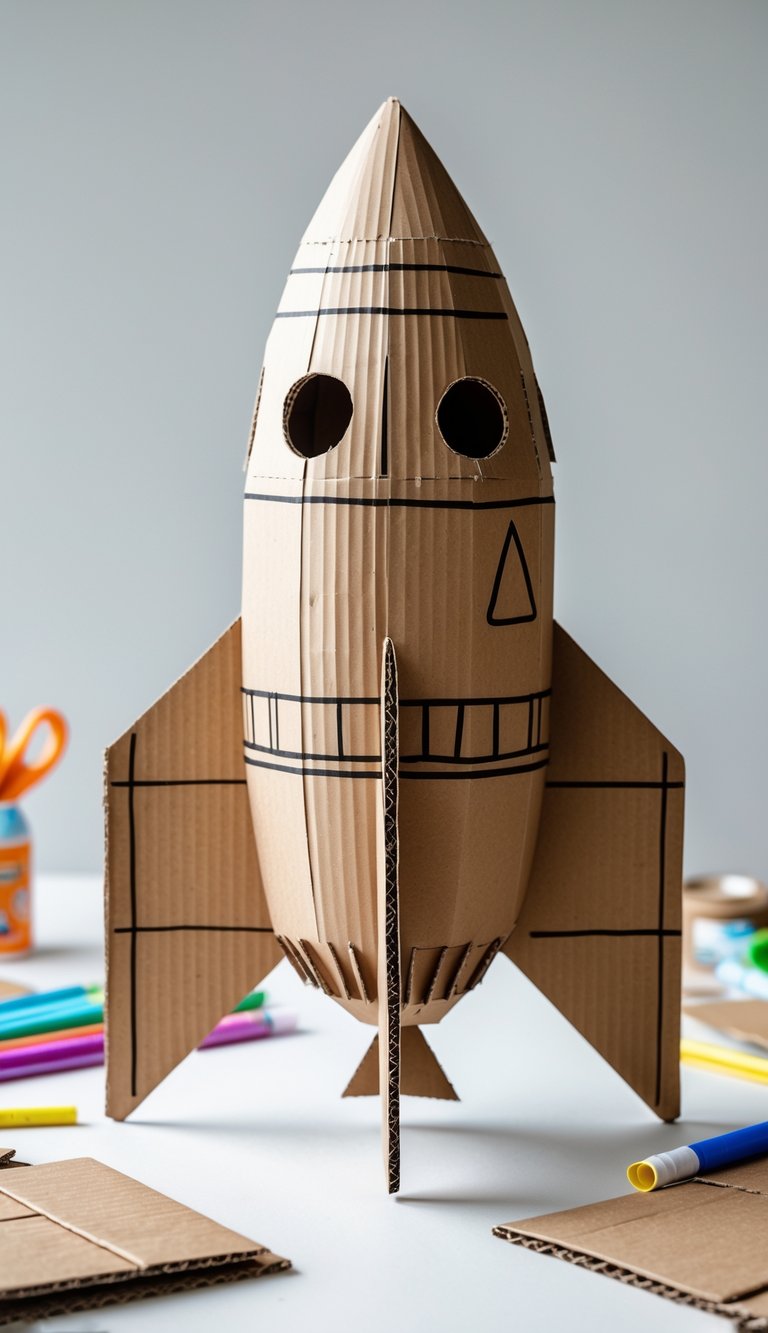 A handmade cardboard rocket ship with crafting supplies arranged around it on a plain surface.