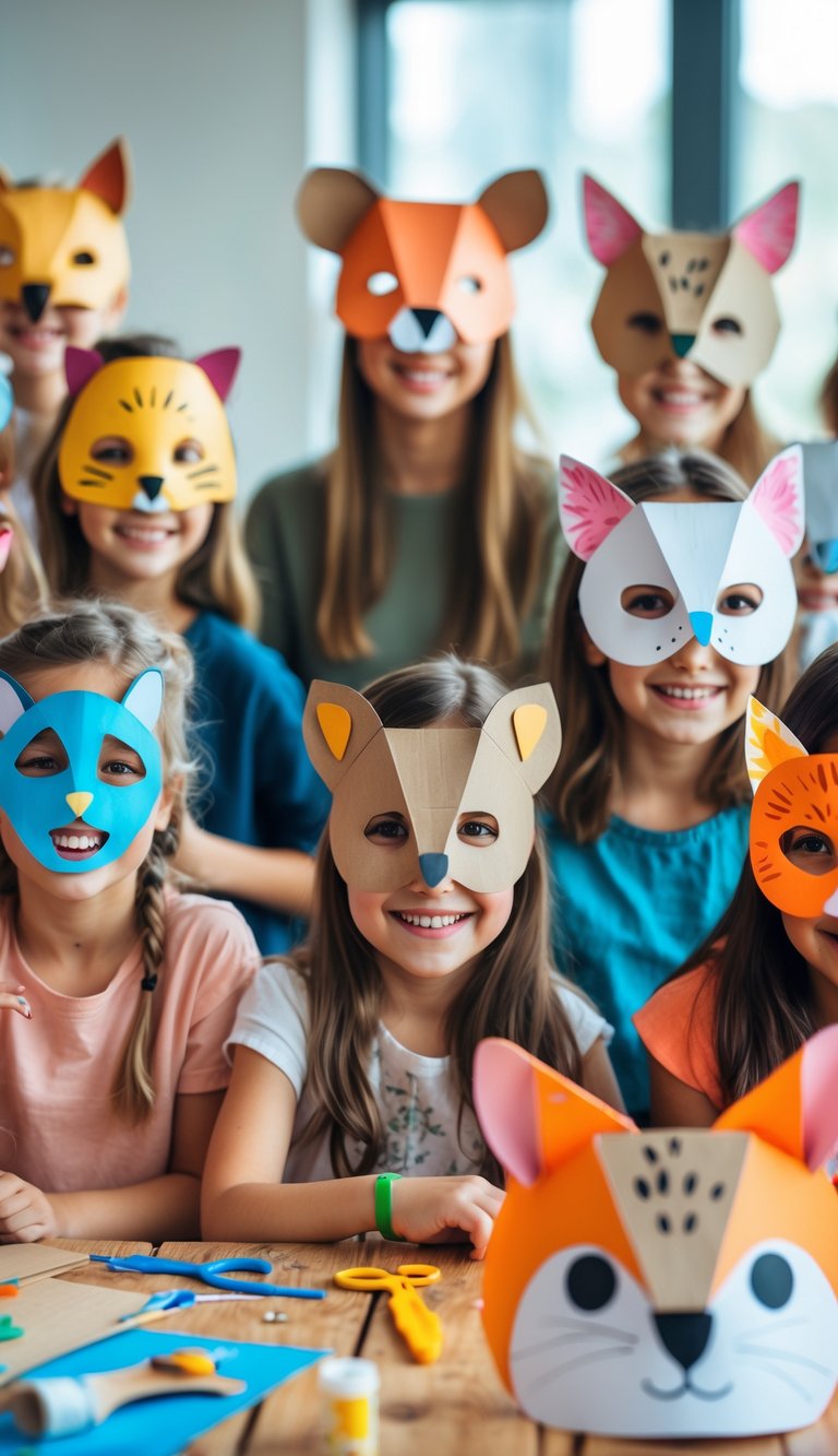 A group of children and adults wearing handmade cardboard animal masks, smiling and crafting together around a table.