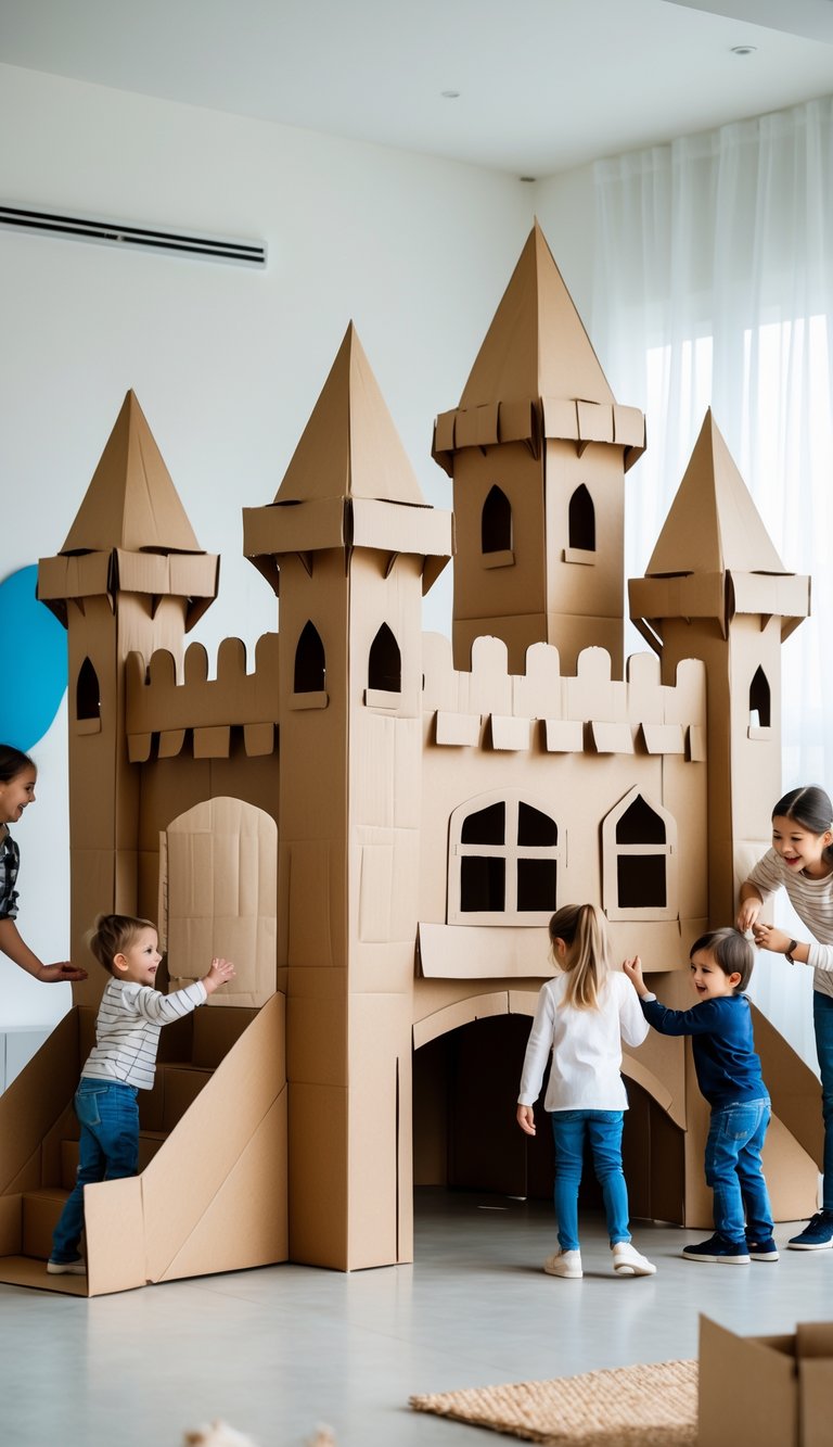 A cardboard castle playhouse with children and adults playing around it indoors.