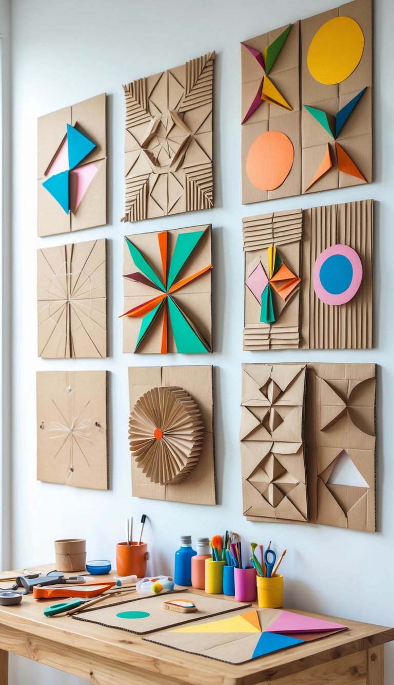 A workspace with decorative cardboard wall art panels displayed on a white wall and crafting materials on a table below.