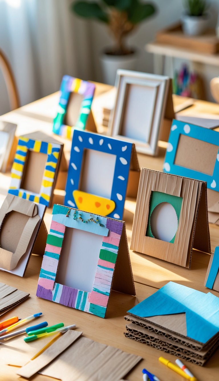 A collection of colorful cardboard photo frames displayed on a table with crafting supplies around them.