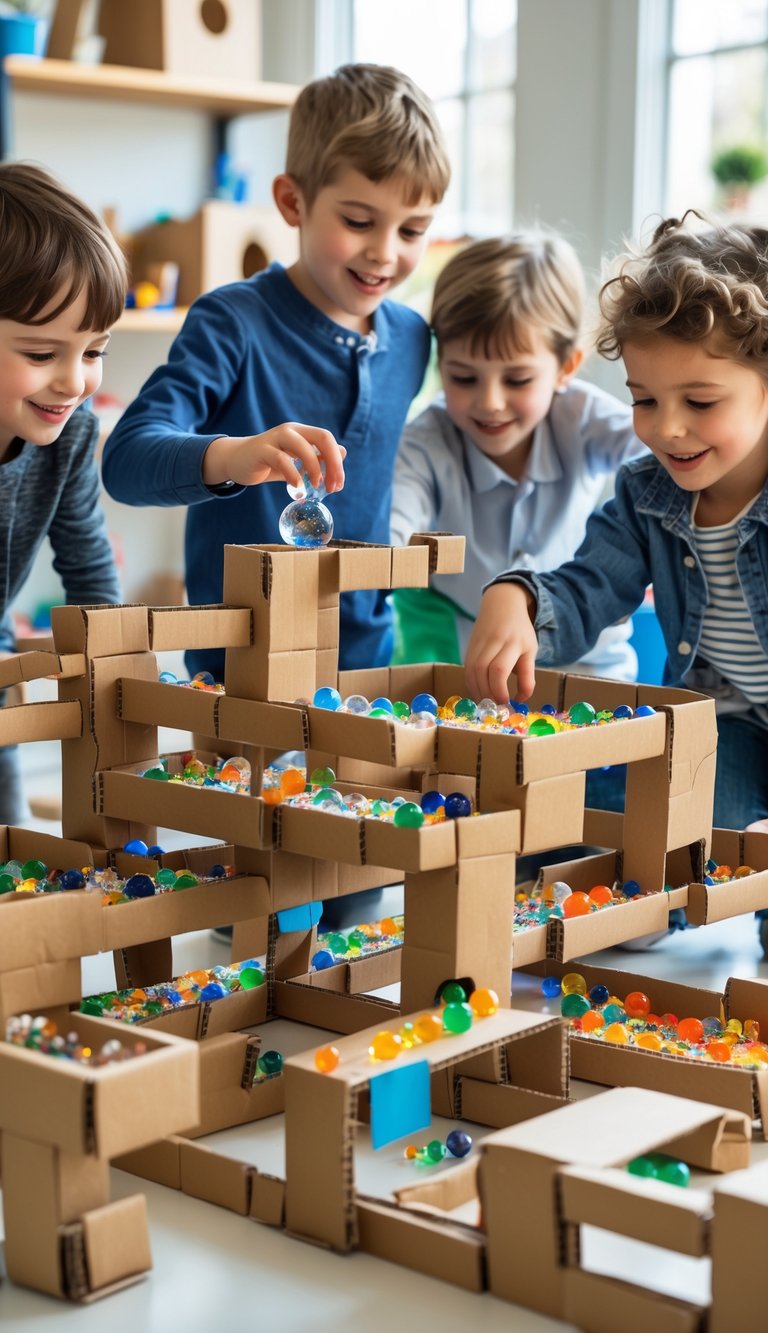 Children playing with a large cardboard marble run indoors, watching marbles roll down the tracks.