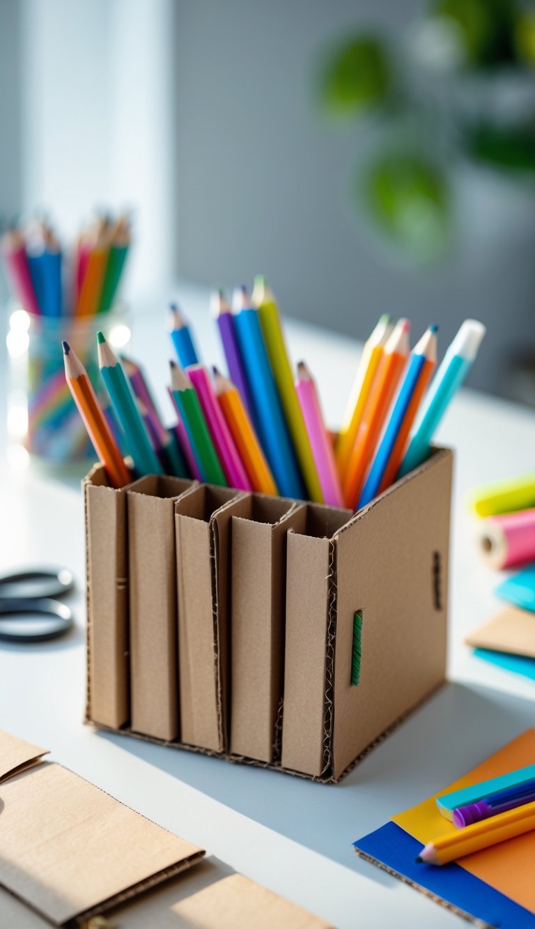 A cardboard pencil holder filled with colorful pencils and markers on a desk surrounded by crafting supplies.