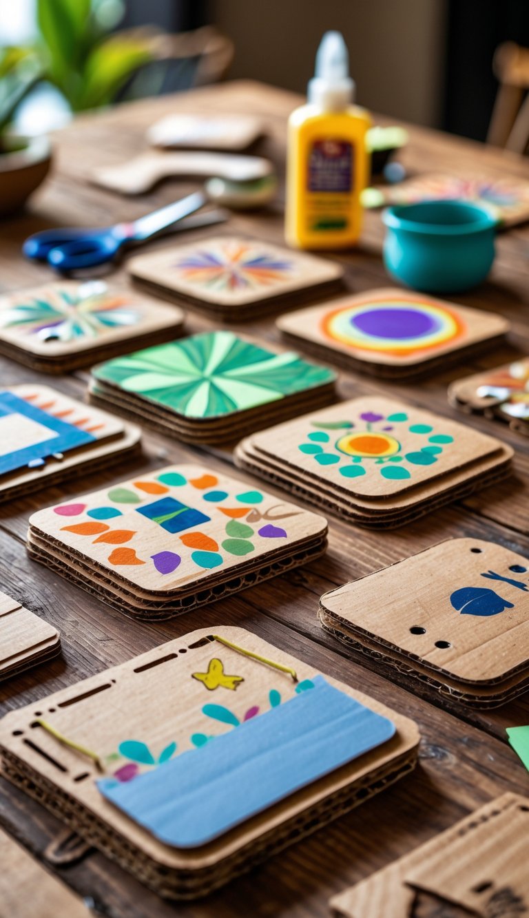 A set of recycled cardboard coasters with colorful designs on a wooden table surrounded by crafting supplies.