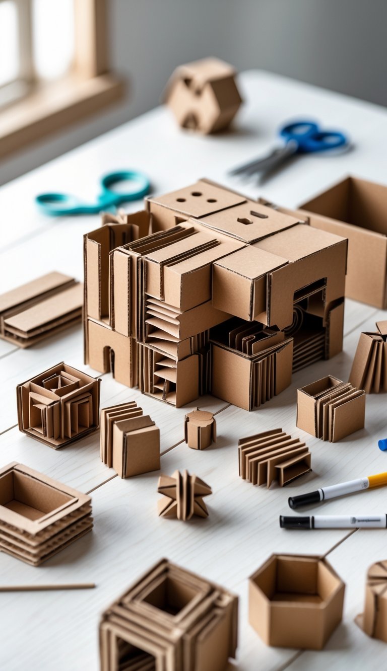 A collection of cardboard puzzle blocks arranged on a wooden surface with crafting tools nearby.