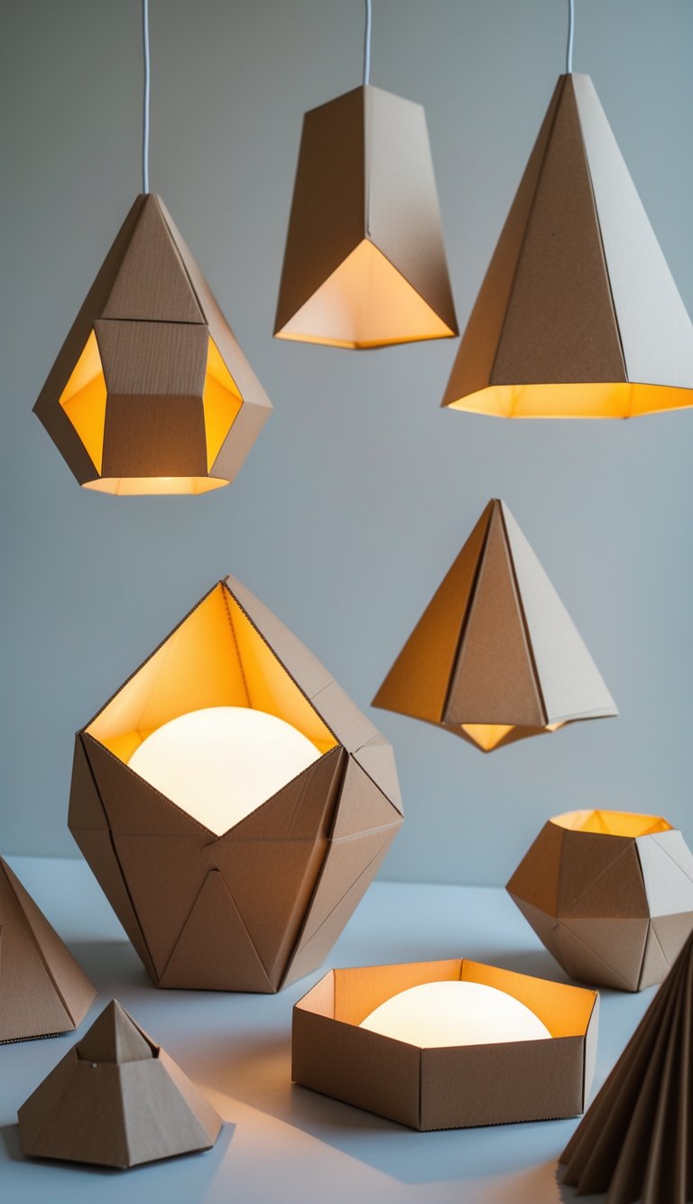 A collection of geometric cardboard lampshades with various polygonal shapes glowing softly on a neutral background.