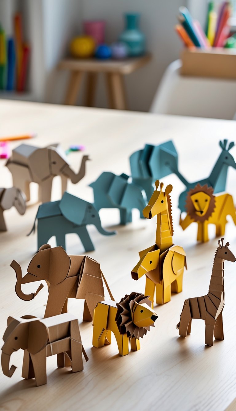 A collection of cardboard animal figurines displayed on a wooden table with crafting tools in the background.