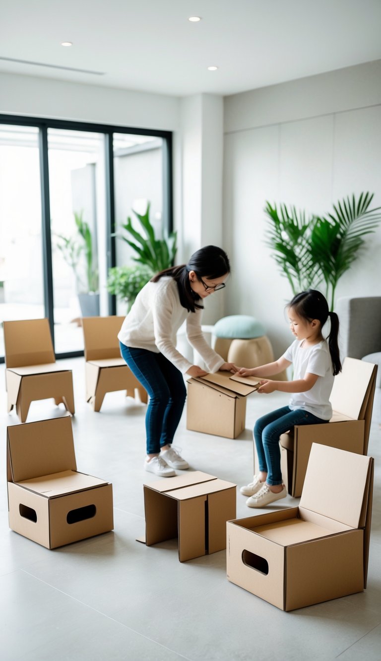 Children and adults using and assembling foldable cardboard furniture in a bright, modern room.