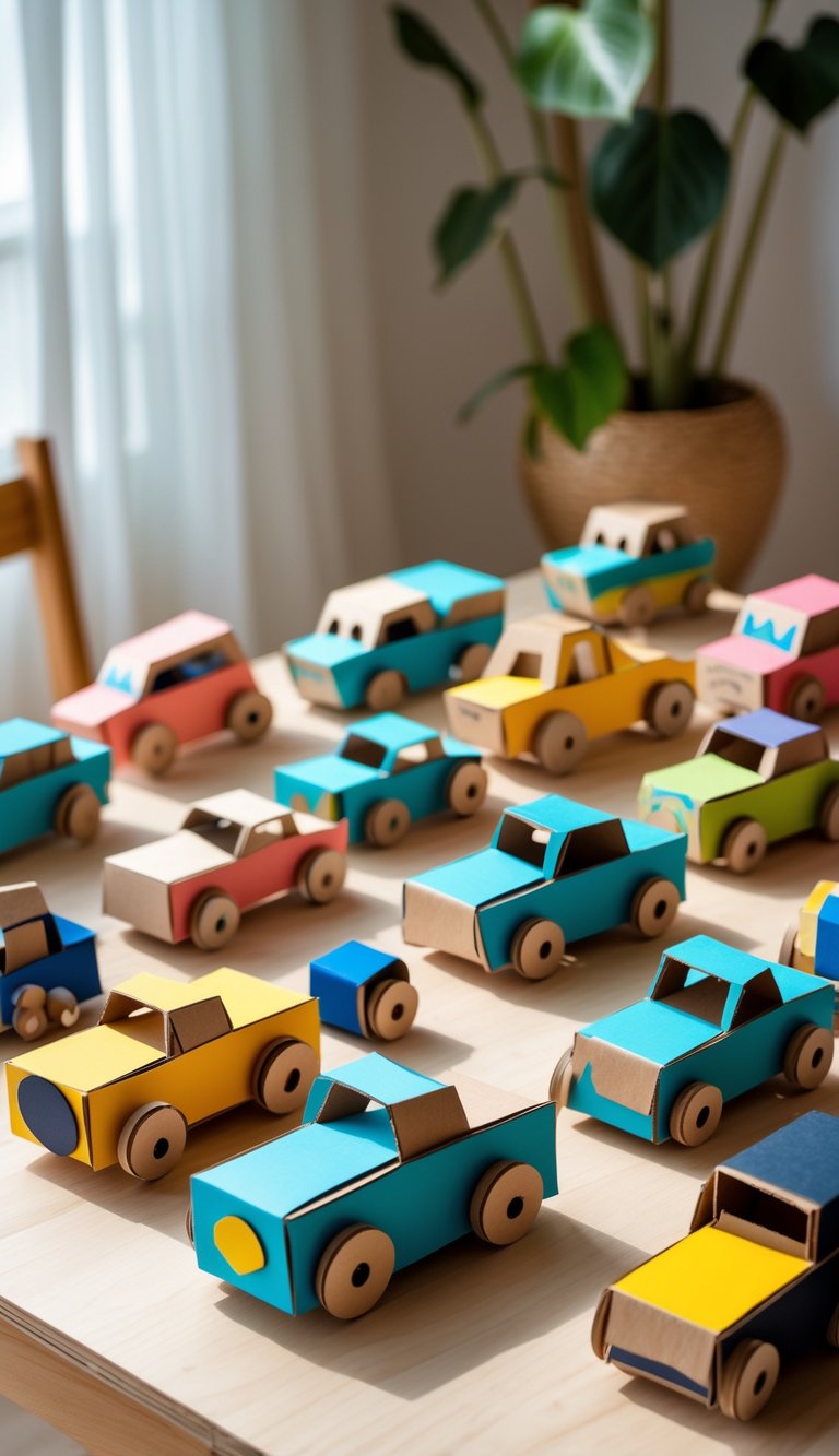A collection of colorful cardboard toy cars and trucks arranged on a wooden table.