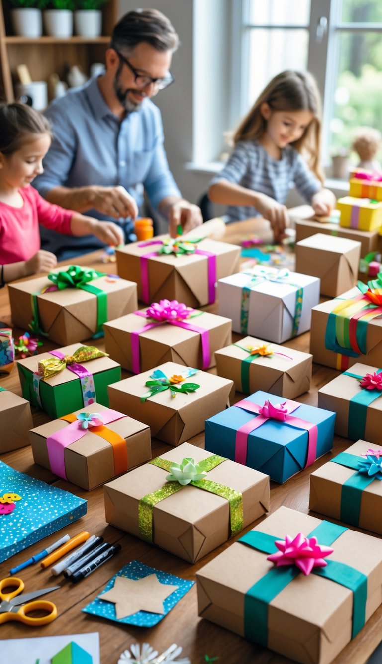 Children and adults decorating various cardboard gift boxes with craft supplies on a wooden table.
