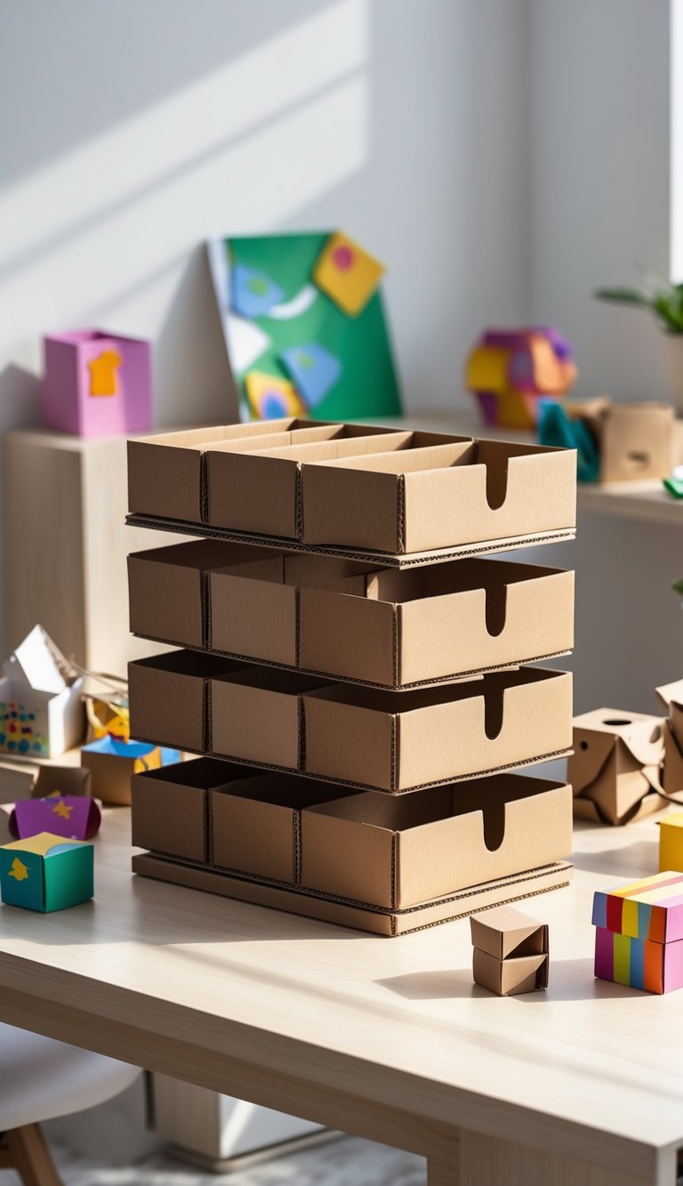 A stackable cardboard organizer on a wooden desk surrounded by colorful cardboard craft projects.