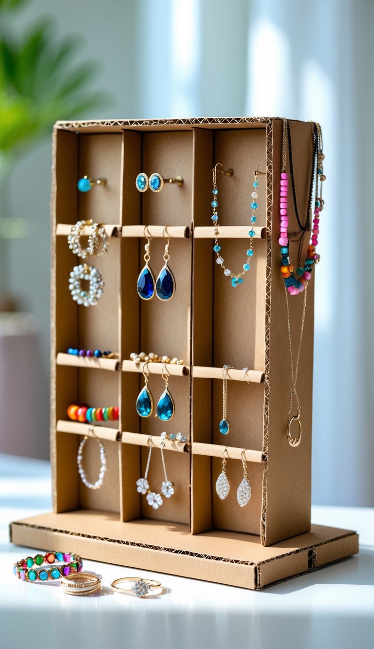 A cardboard jewelry holder with various pieces of jewelry neatly organized on it, placed on a bright surface.
