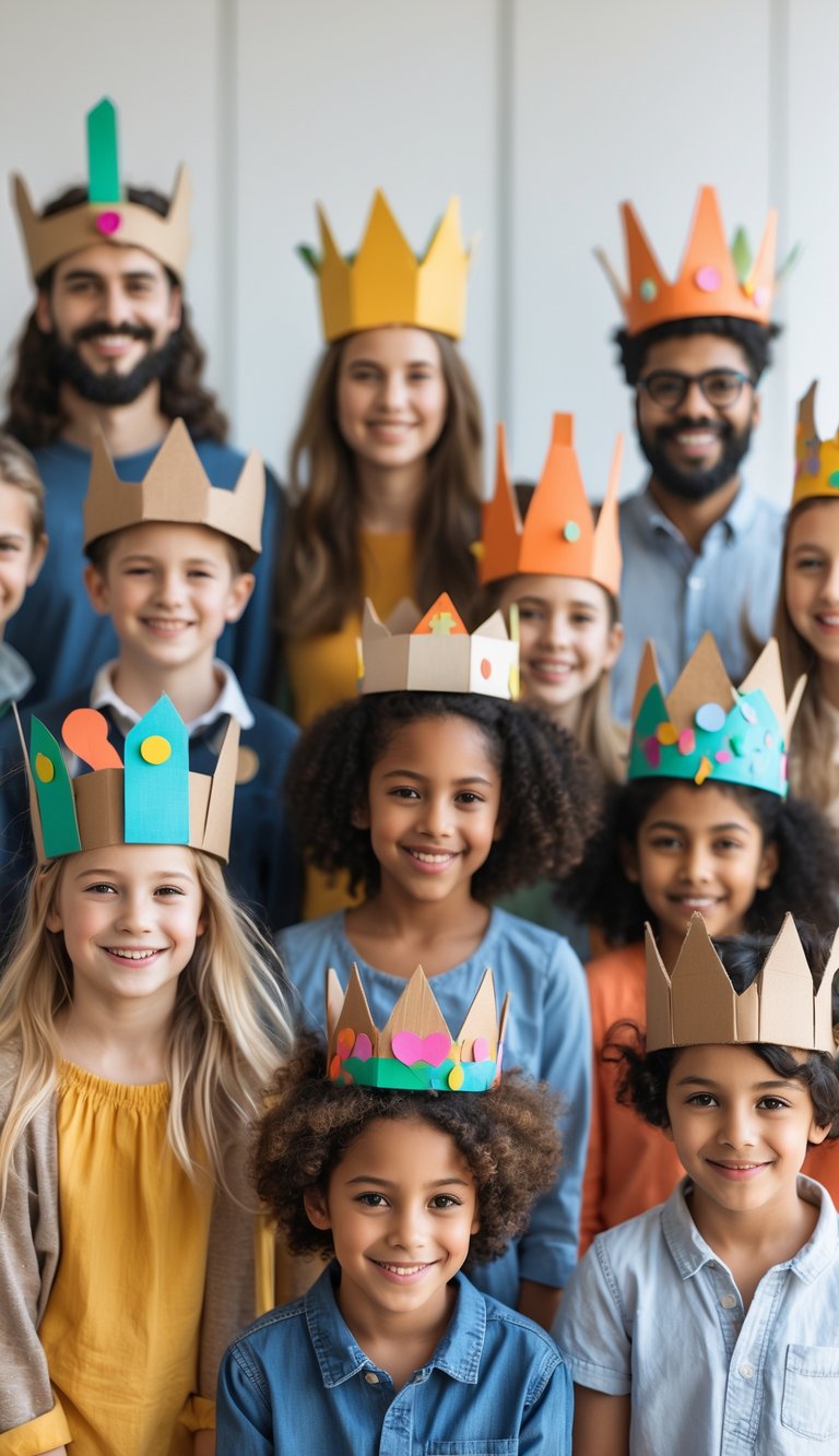 A group of children and adults wearing colorful cardboard crowns, smiling and enjoying a craft activity indoors.