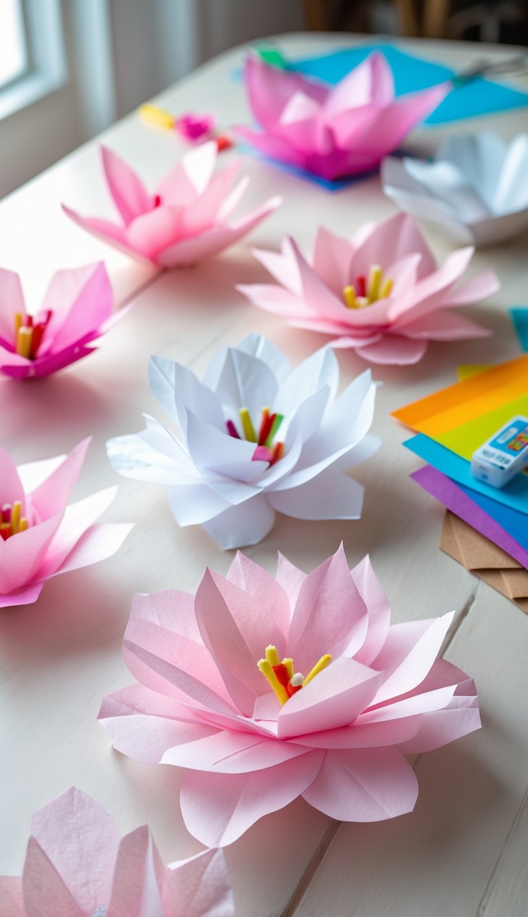 A table with handmade tissue paper cherry blossom flowers and craft supplies arranged around them.